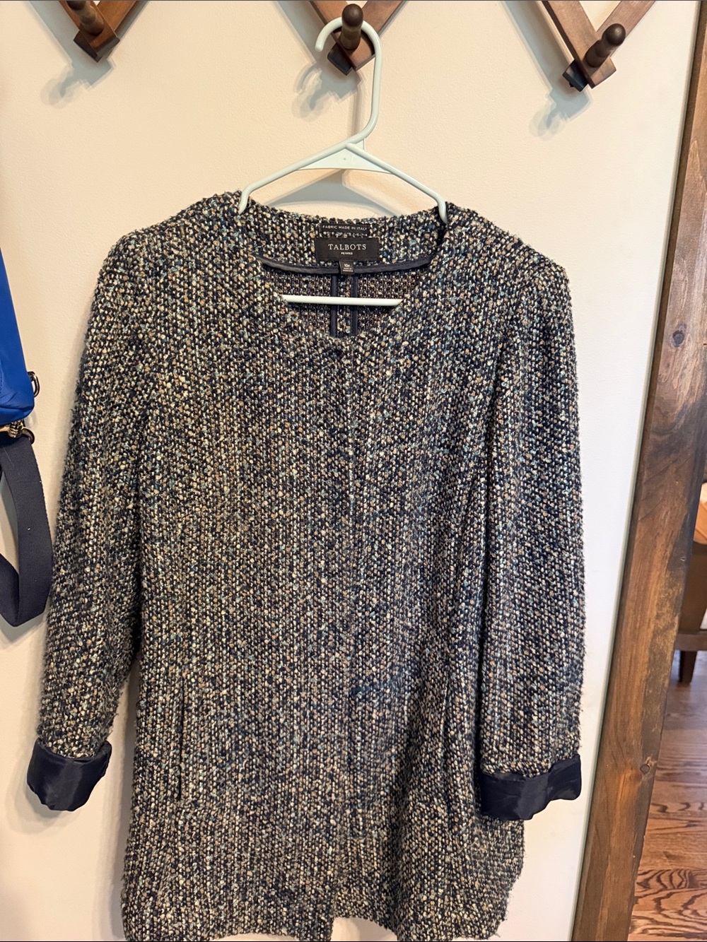 Talbots Petite Navy and Cream Tweed Collarless Cardigan Jacket